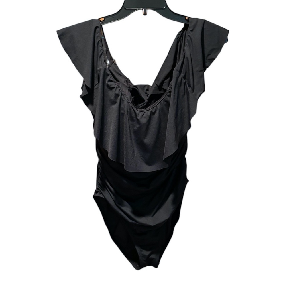 La Blanca Island Goddess Off Shoulder Ruffle One Piece in Black Size 14